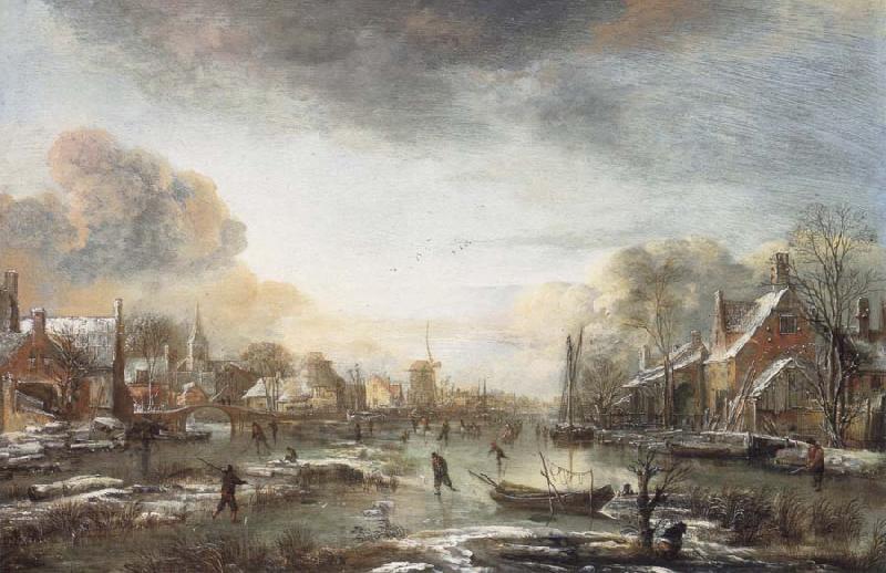 Aert van der Neer A Frozen River by a Town at Evening Norge oil painting art